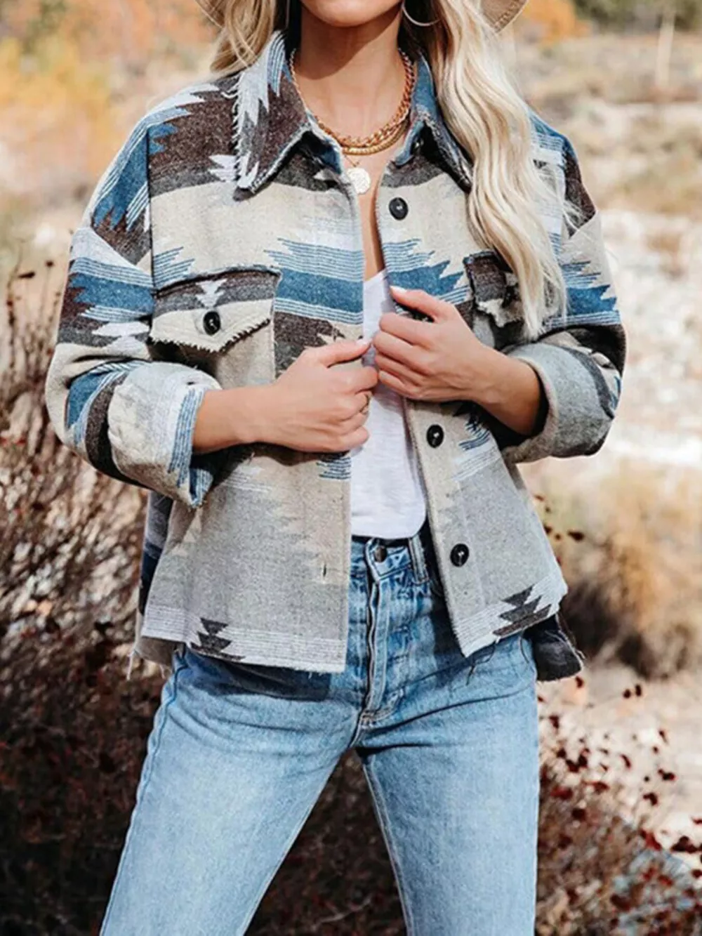 Geometric Button Up Jacket with Chest Pockets