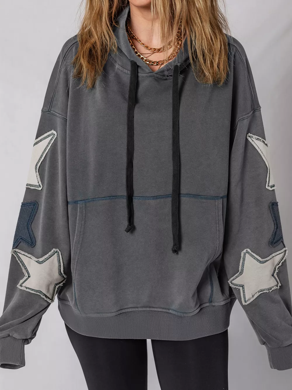 Star Patchwork Contrast Stitching Mineral Wash Kangaroo Pocket Hoodie, image 6