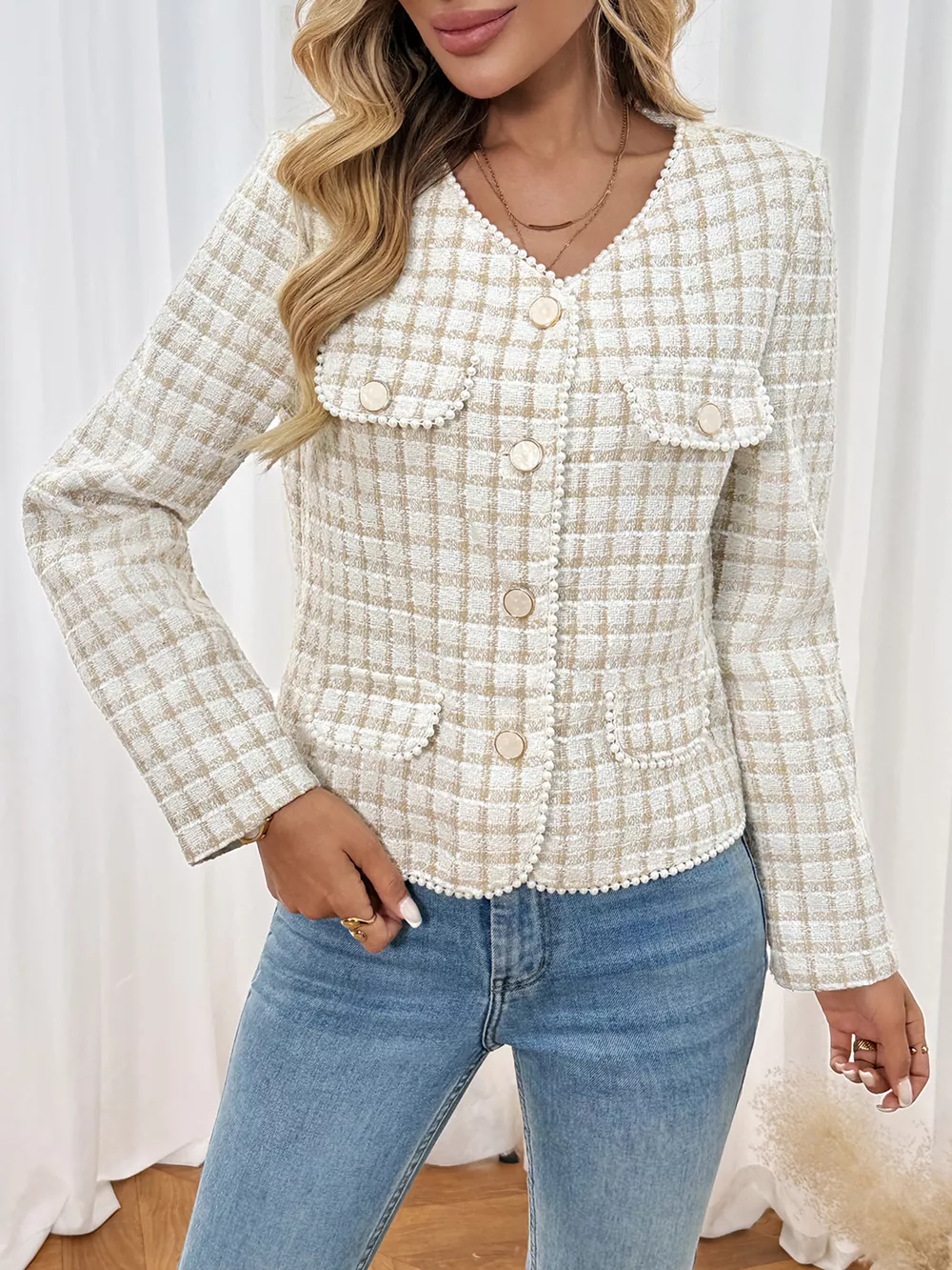 Pearl Trim Button Up Tweed Outerwear, image 3