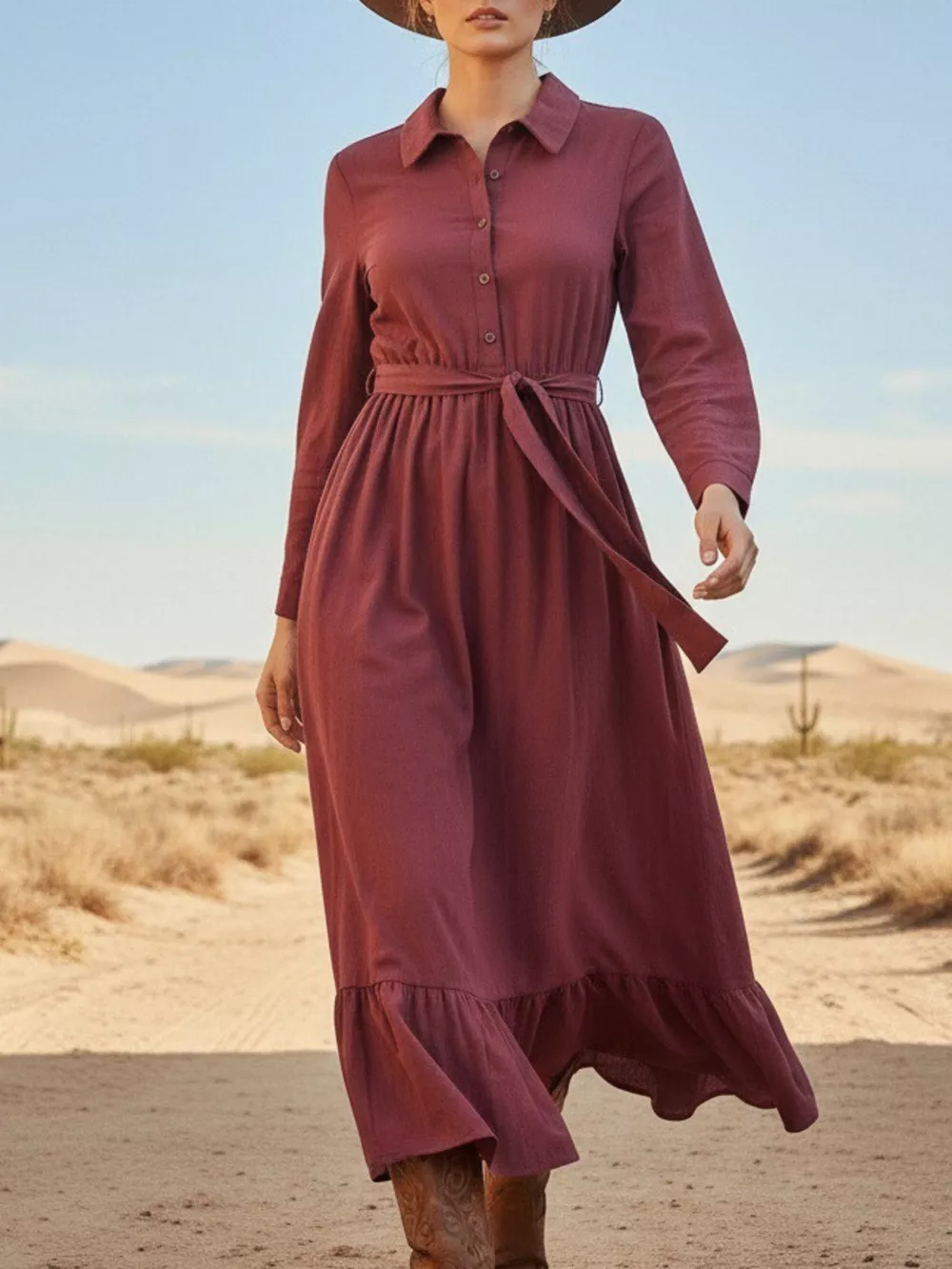 Tie Waist Long Sleeve Ruffled Hem Dress, image 7
