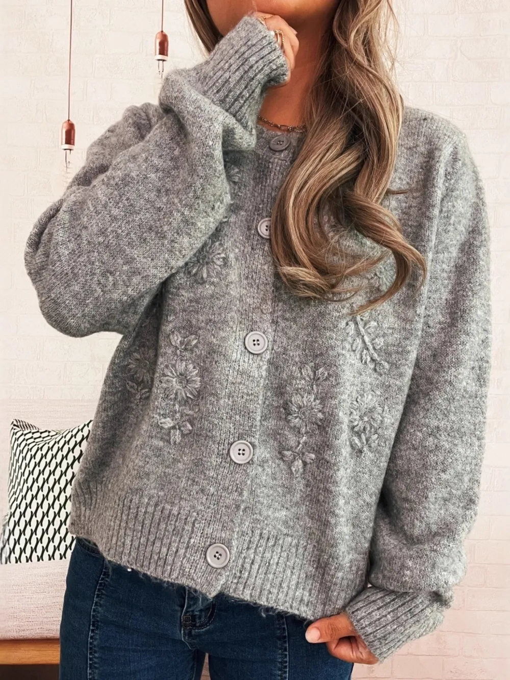 Flower Button Up Ribbed Hem Cardigan, image 16