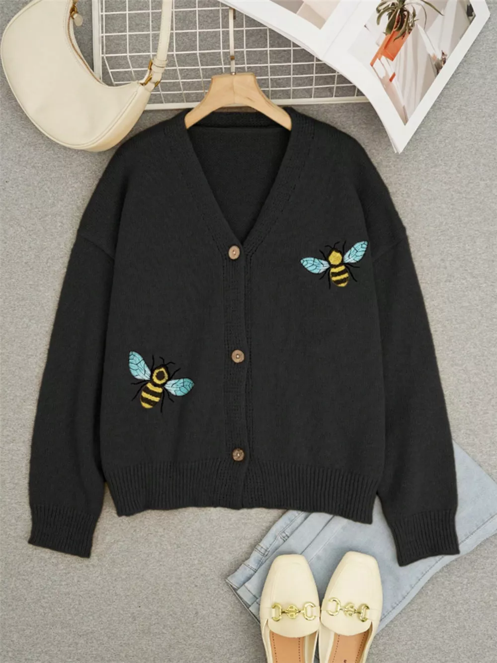 Bee Embroidered Button-Down Cardigan, image 5