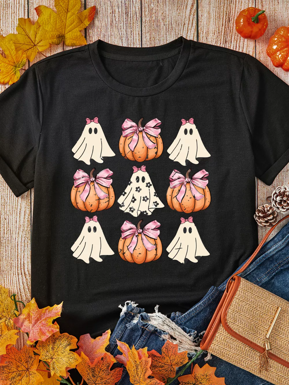 Halloween Bowknot Ghost Pumpkin Graphic T Shirt, image 5