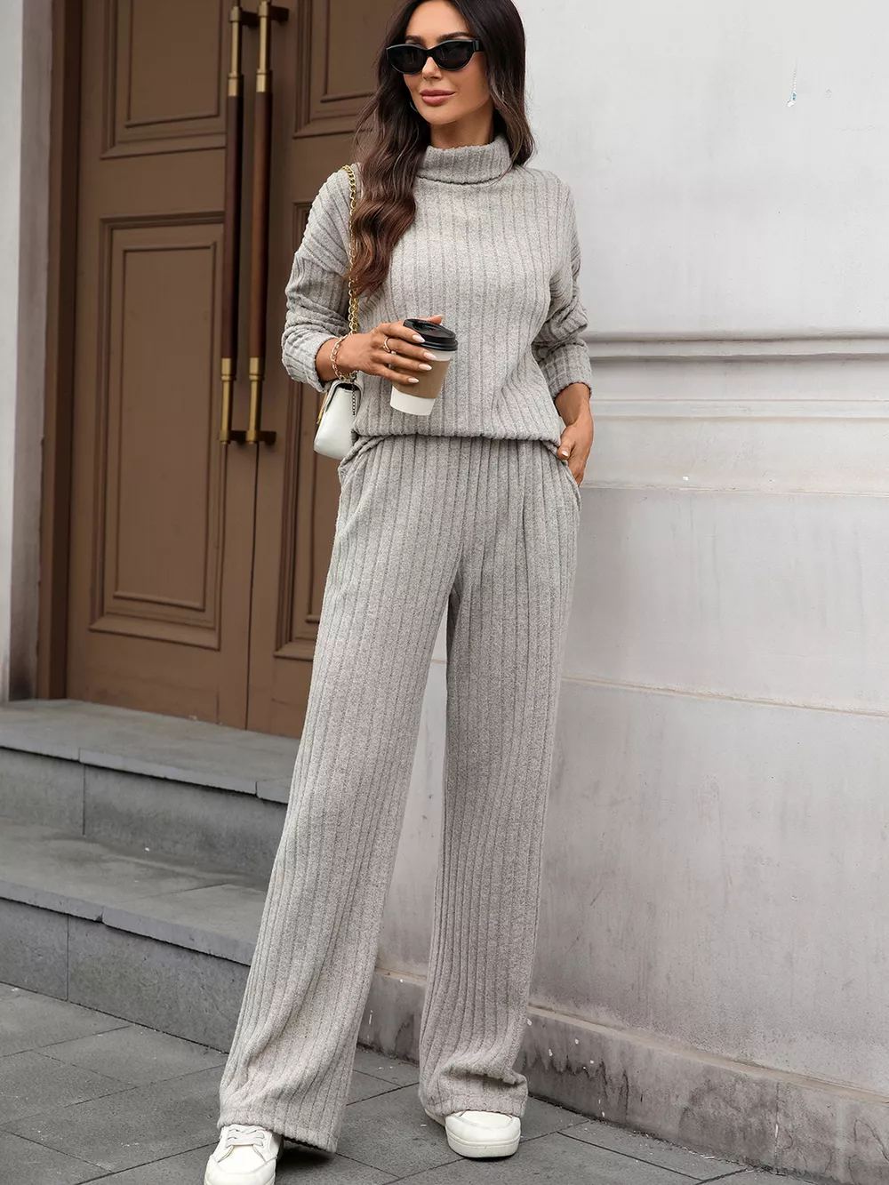 Ribbed Turtleneck Dropped Shoulder Top and Pants Sweater Set, image 7