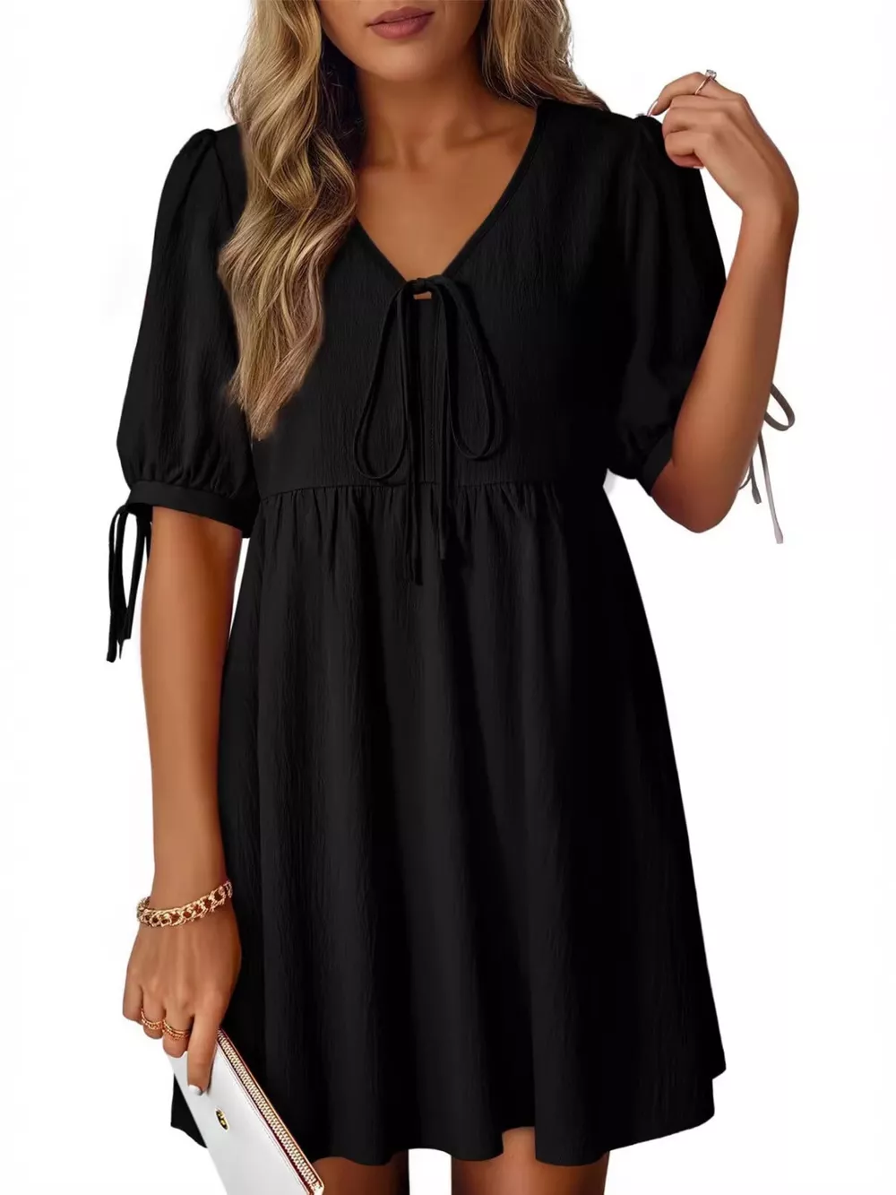 Tie-Neck Puff Sleeve A-Line Mini Dress, image 6