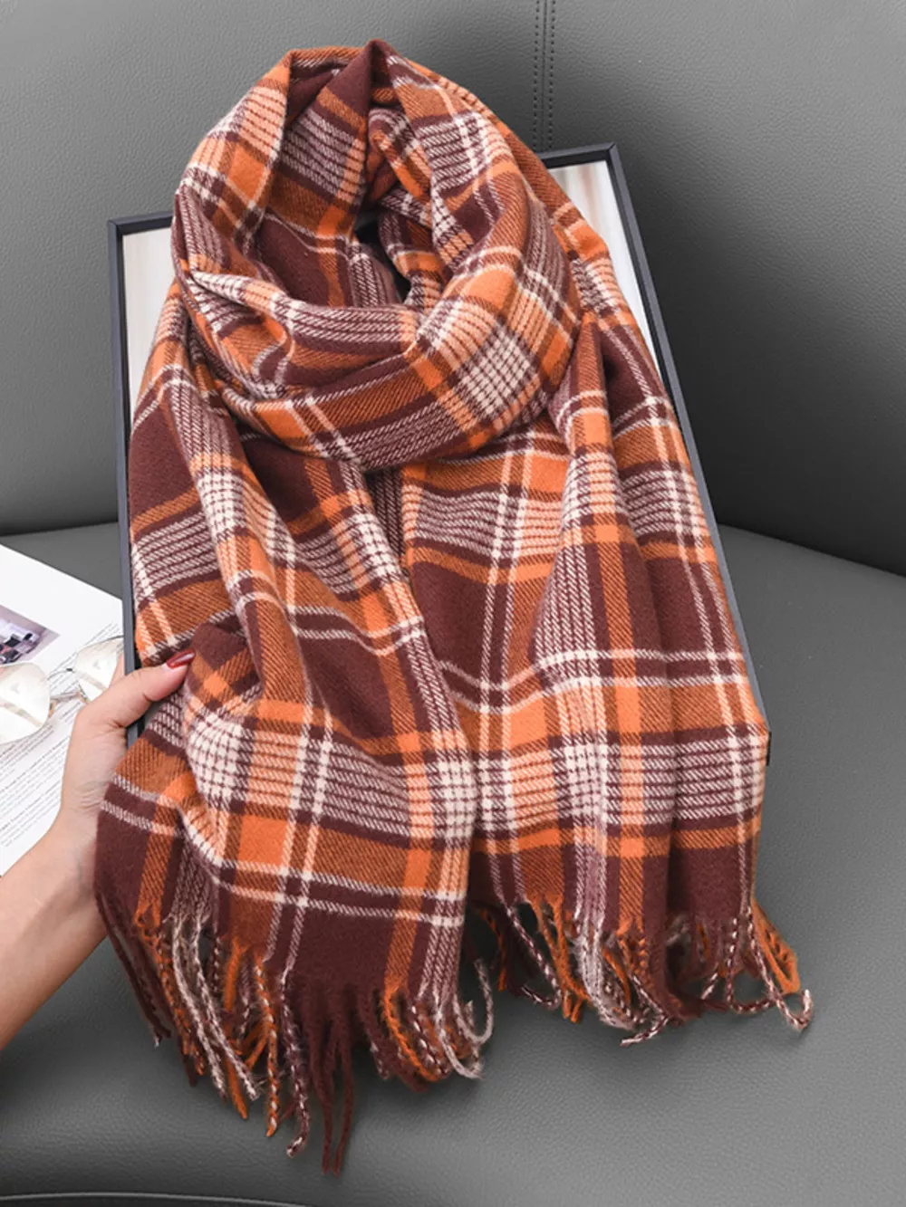 Plaid Tassel Hem Winter Scarf, image 3
