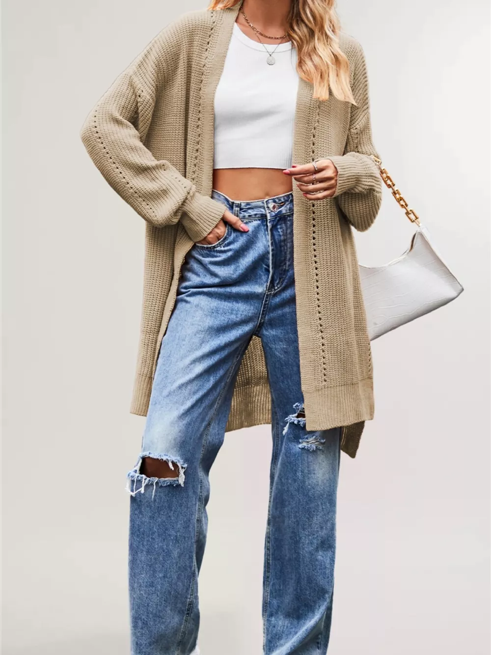 Open Front Openwork Knit Longline Cardigan, image 8
