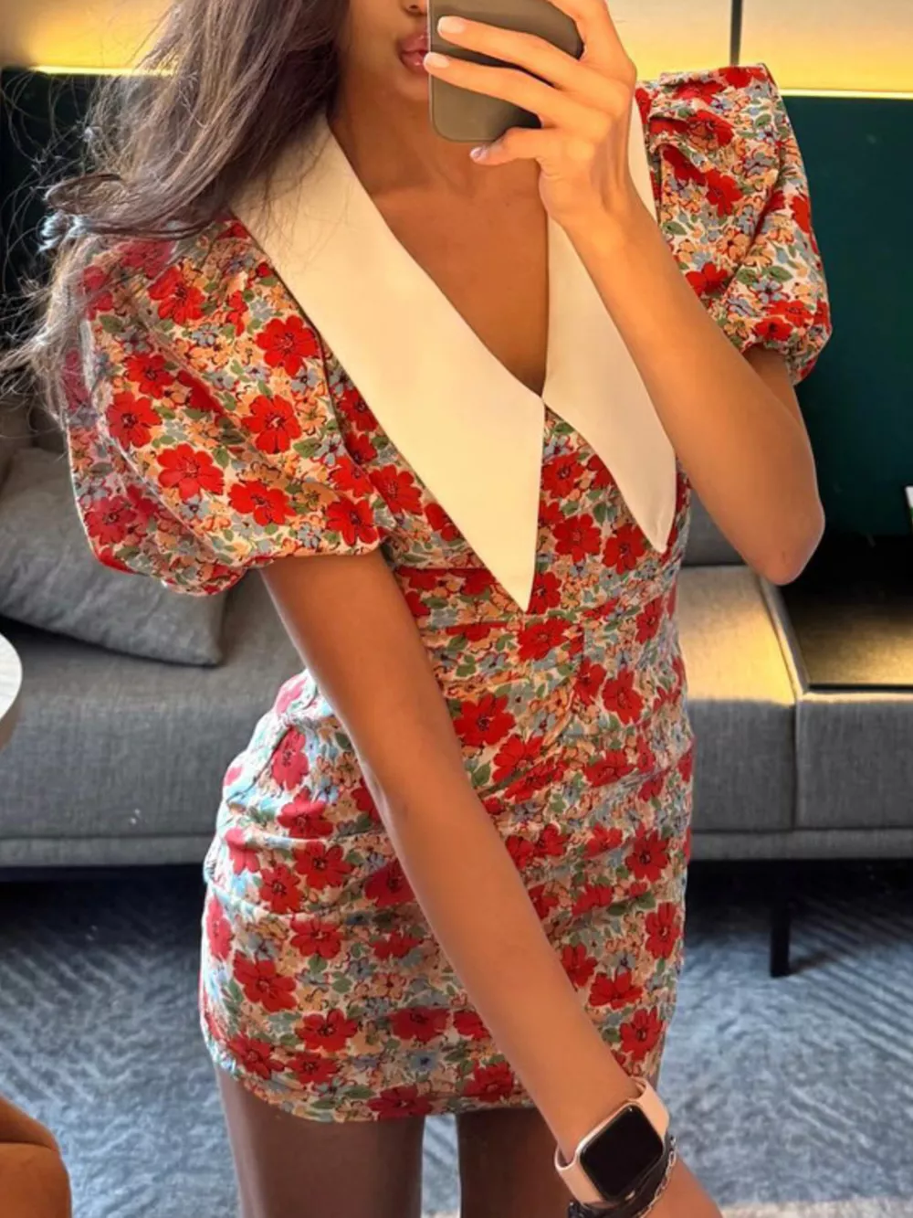 Ruched Floral Print Puff Sleeve Mini Dress, image 3