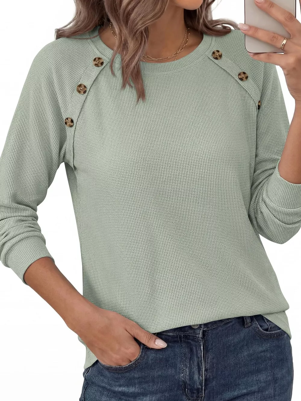 Decorative Button Waffle Knit Long Sleeve T-Shirt, image 7