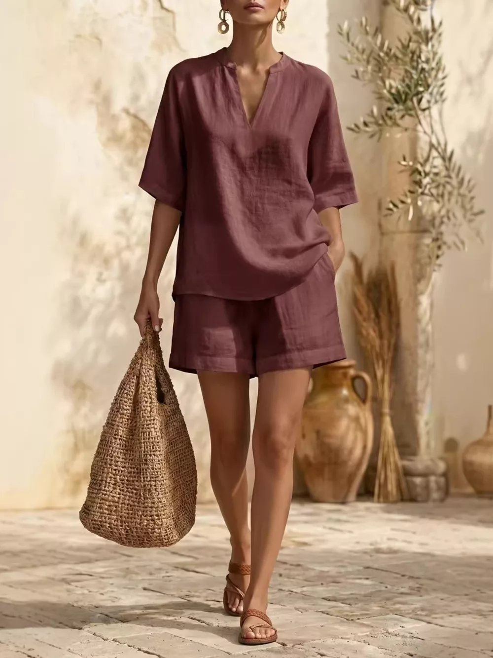 Full Size Notched Half Sleeve Top and Shorts Set Plus Size, image 7