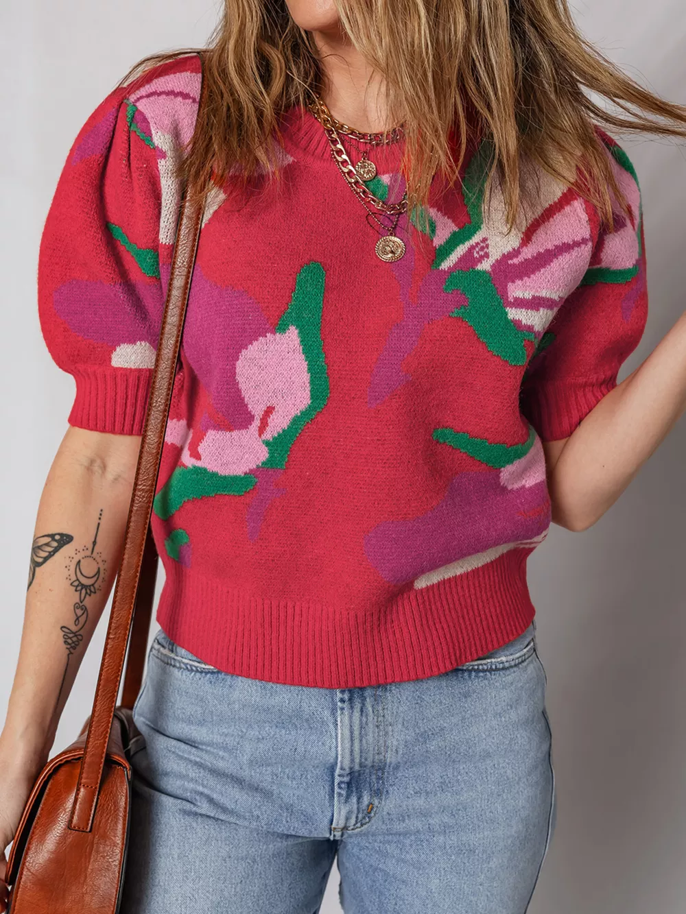Floral Abstract Print Short Puff Sleeve Sweater, image 4