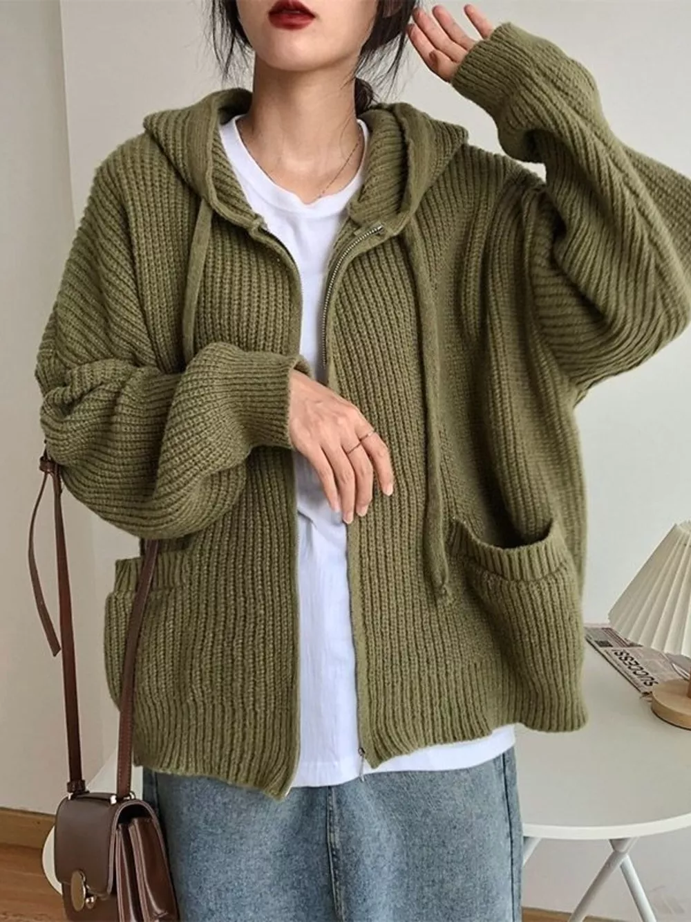 Casual Knitted Zip-Up Hooded Cardigan, image 7