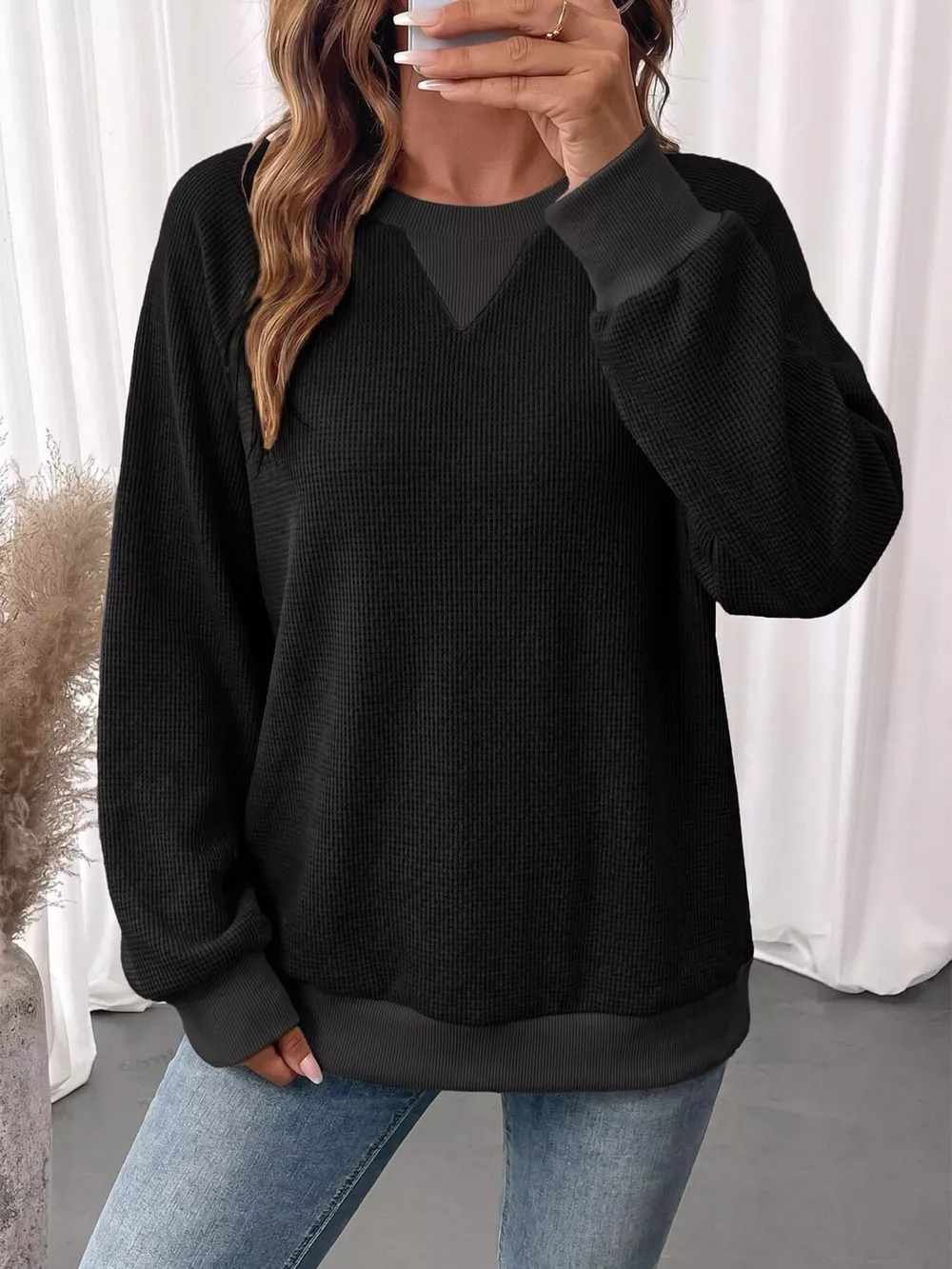 Waffle Knit Crew Neck Long Sleeve Sweatshirt, image 7