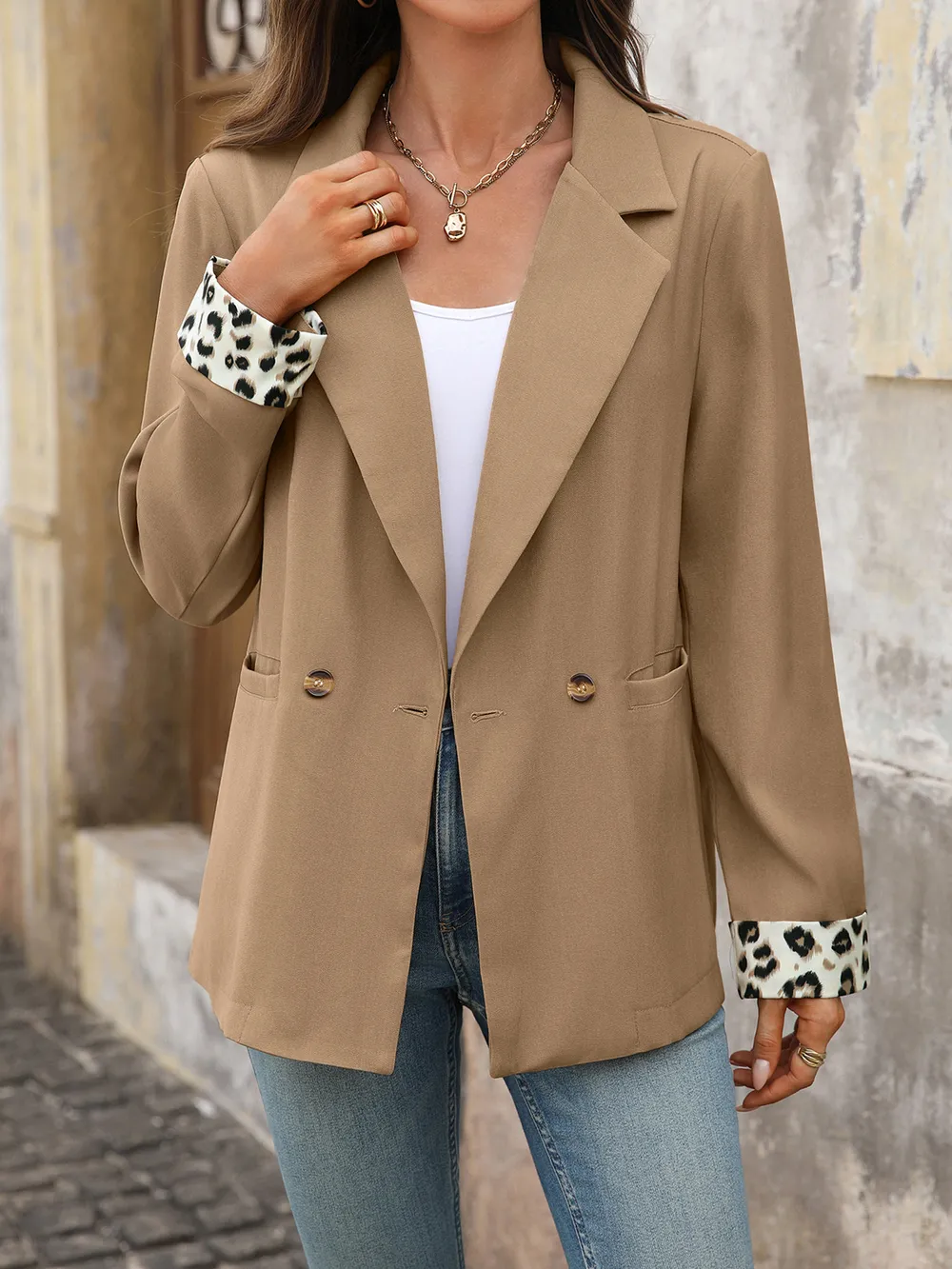Lapel Collar Leopard Cuff Long Sleeve Blazer