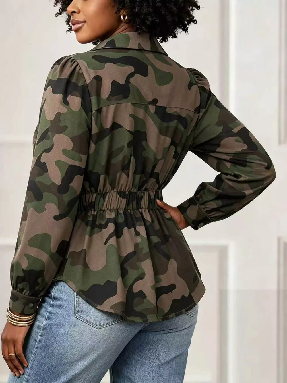 Camouflage Button Front Long Sleeve Blouse, image 4
