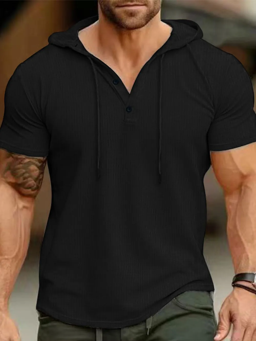 Men's Full Size Drawstring Short Sleeve Hooded Top Plus Size