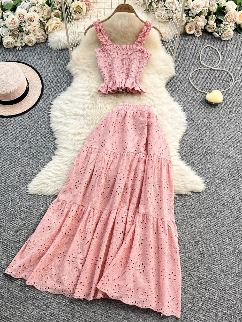 Smocked Crop Top and Hollow-Out Skirt Set, image 2