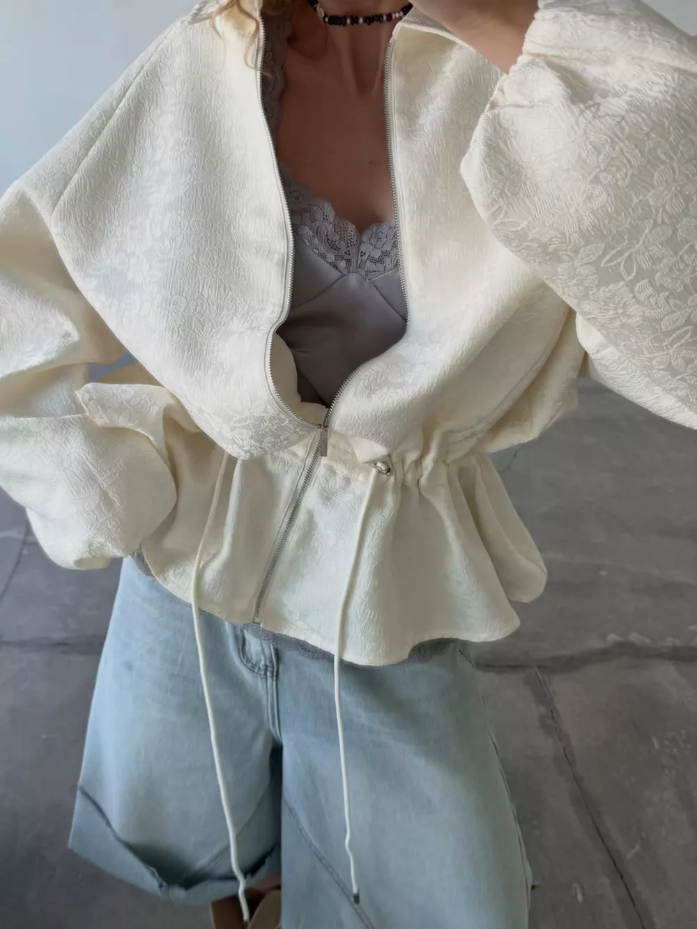 Jacquard Zip-Up Peplum Jacket, image 4