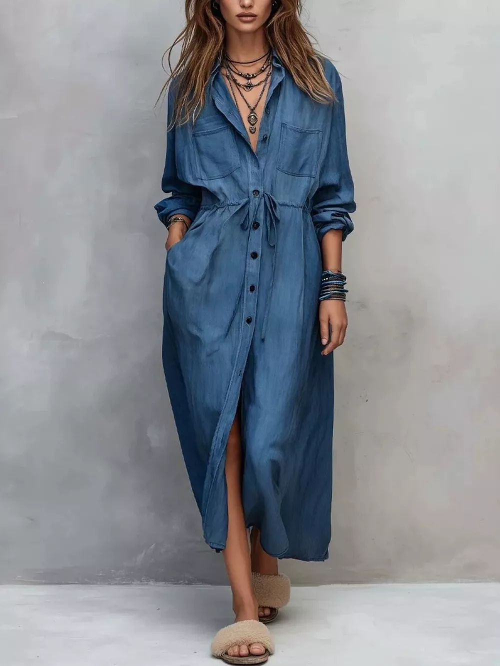 Full Size Button Front Long Sleeve Shirt Dress Plus Size