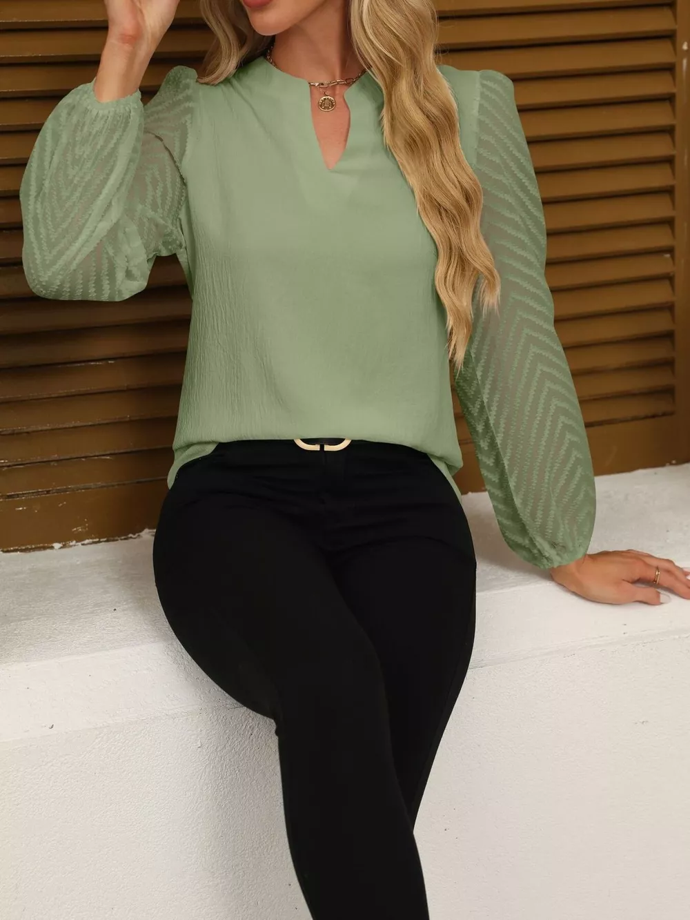 Notched Balloon Sleeve Blouse, image 13