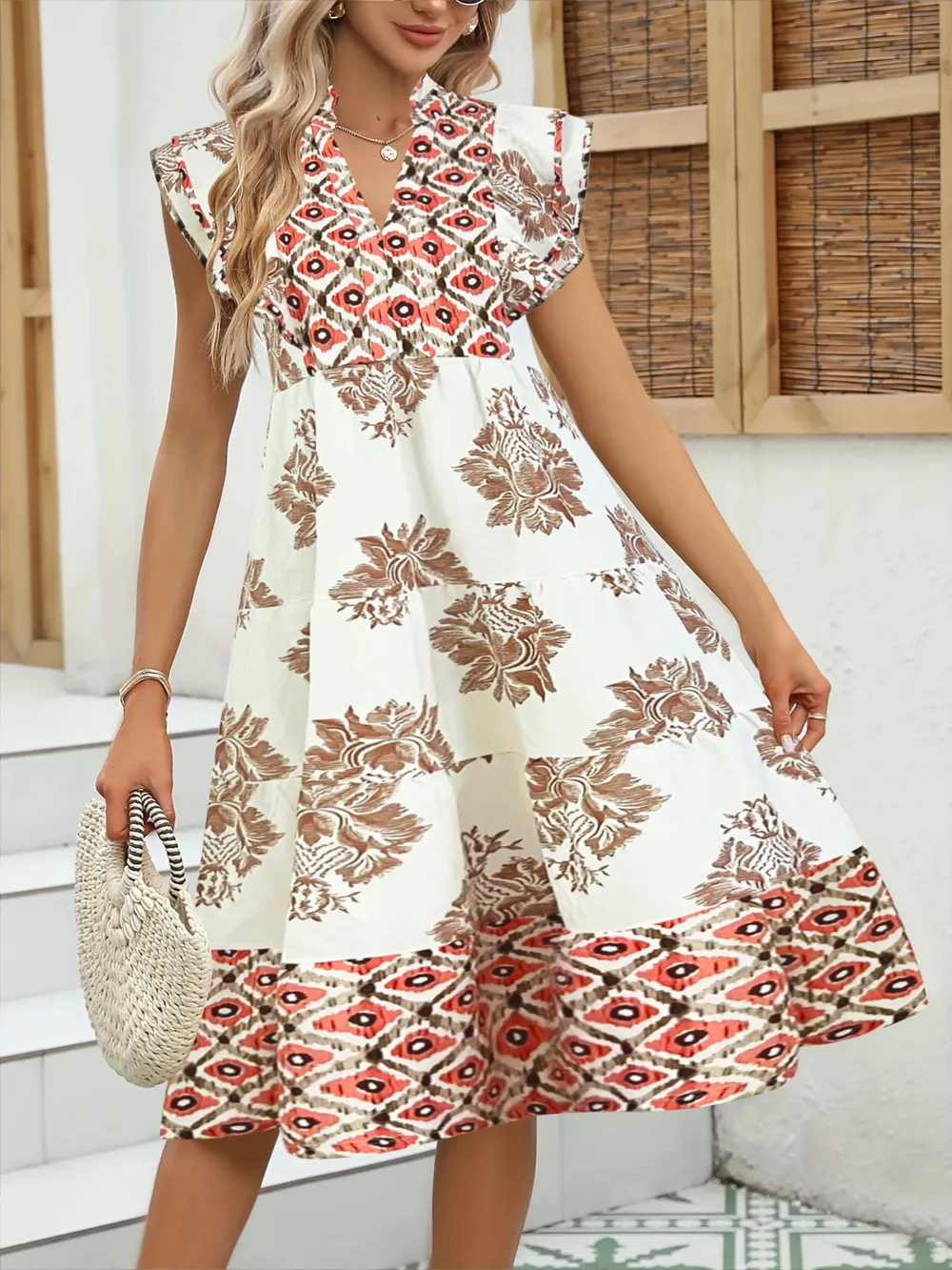 Printed Notched Ruffled Cap Sleeve Dress, image 2