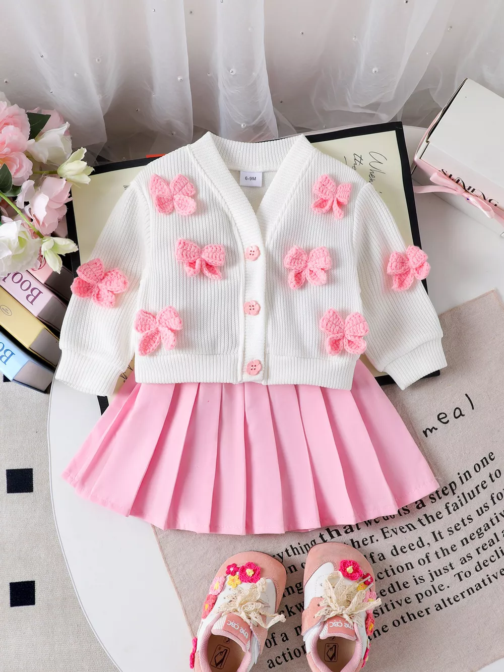 Children's Bow Button Up Cardigan and Pleated Skirt Set, image 2