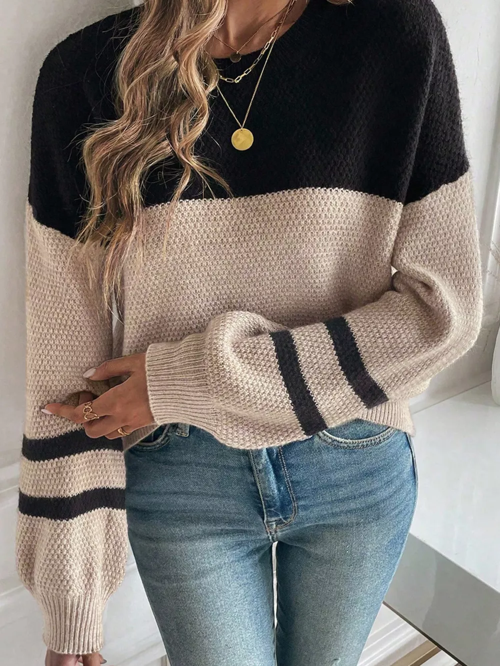 Color Block Knit Striped Sleeve Detail Casual Sweater, image 10