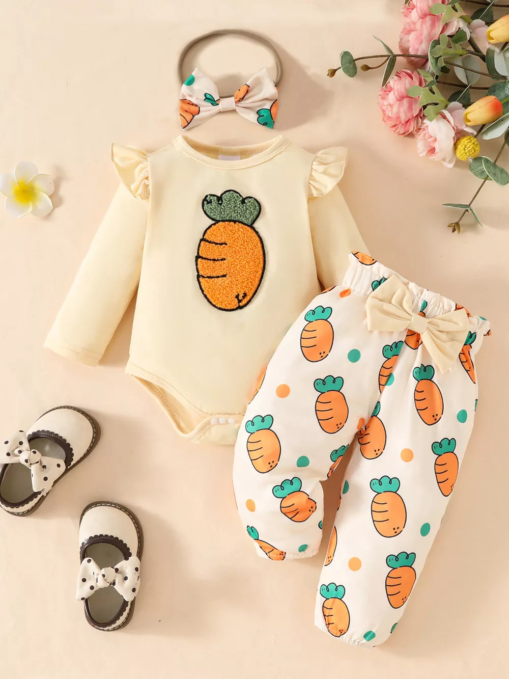Children's Ruffled Long Sleeve Top and Carrot Print Pants Set with Headband, image 2