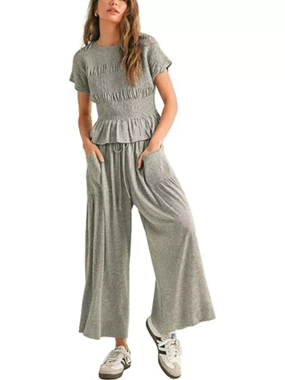Smocked Peplum Top and Wide-Leg Pants Set, image 9