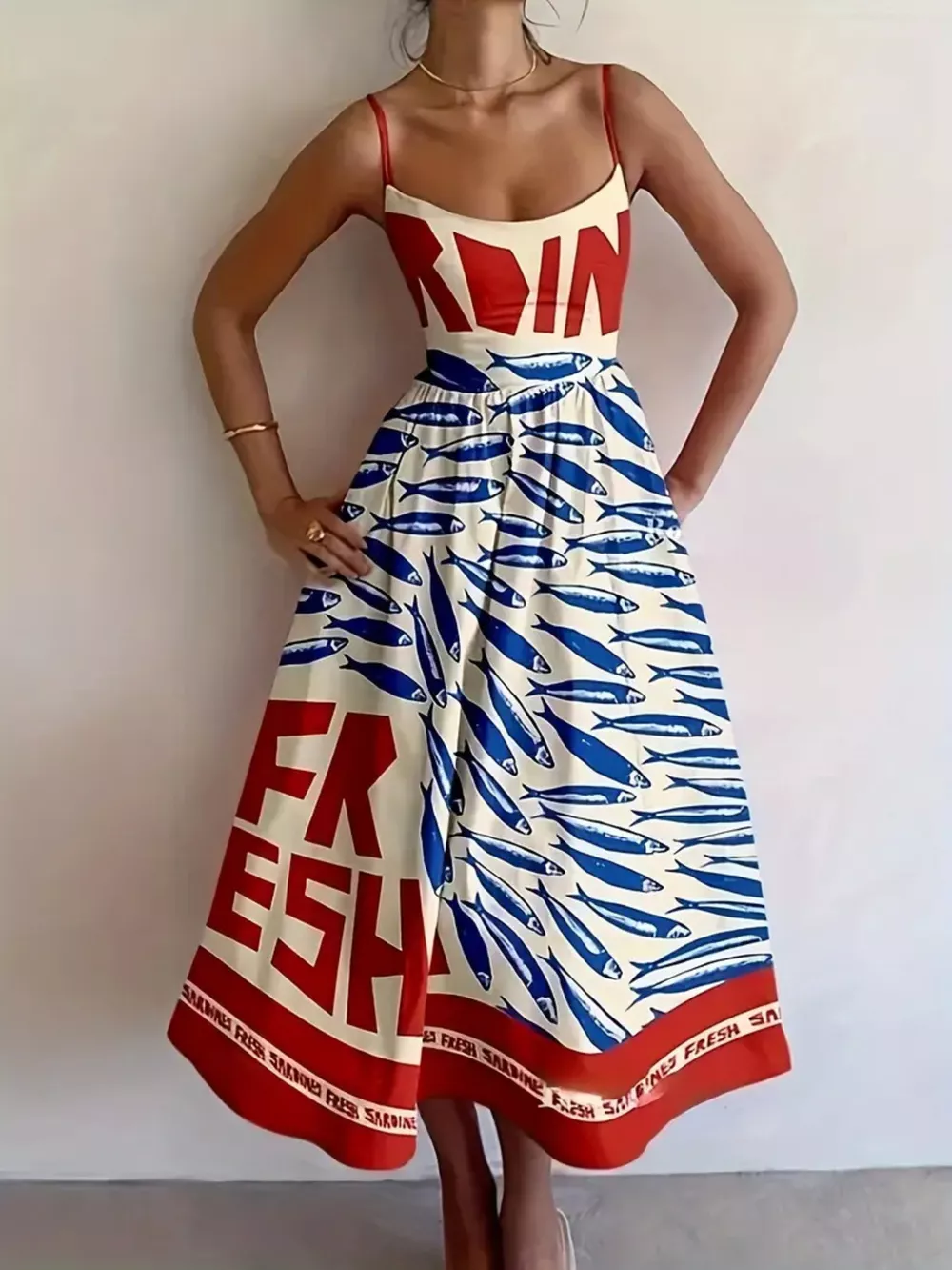 Sardine Print Spaghetti Strap Midi Dress, image 8