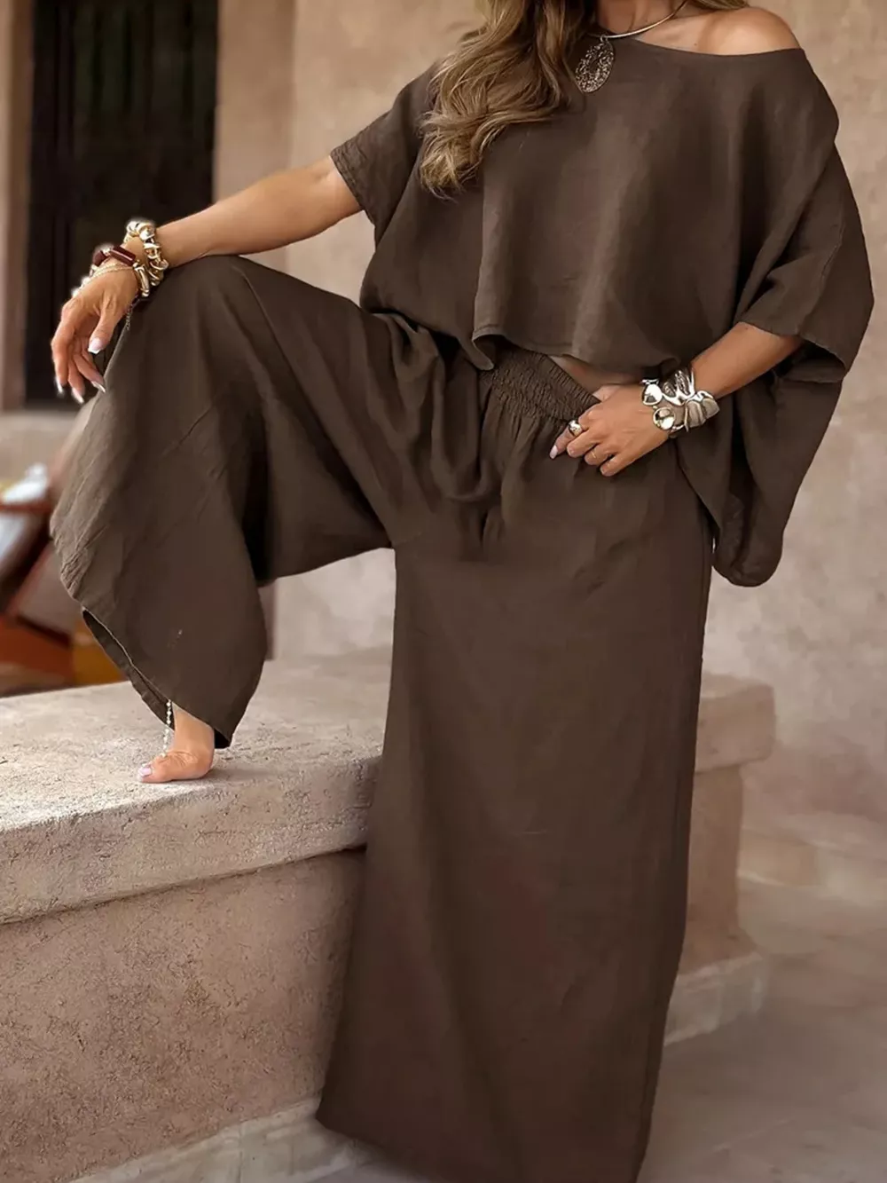 Full Size Boat Neck Top and Wide Leg Pants Set Plus Size, image 15