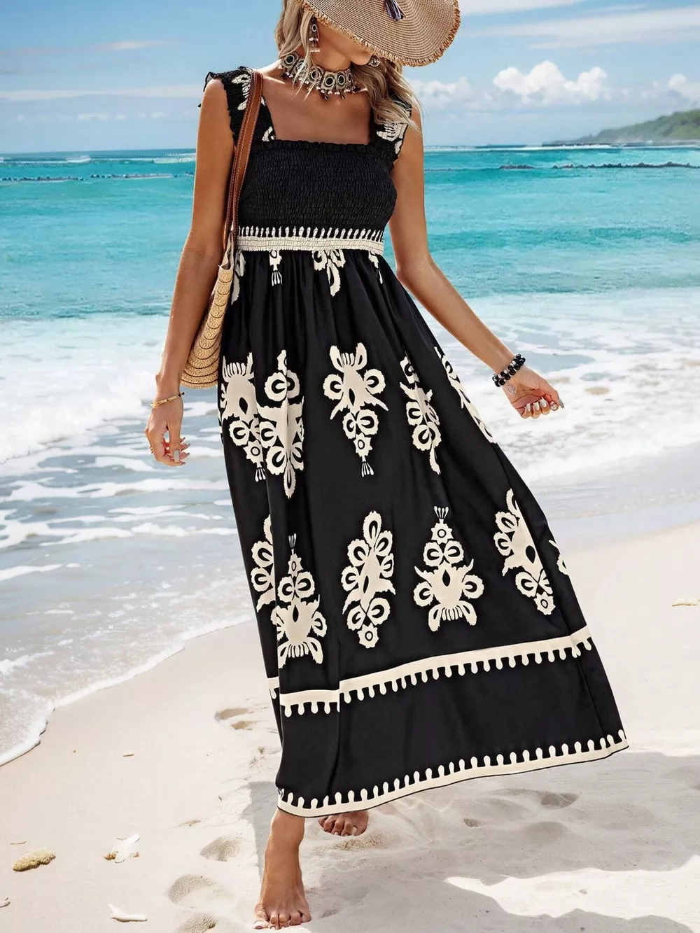 Smocked Printed Square Neck Maxi Dress, image 16