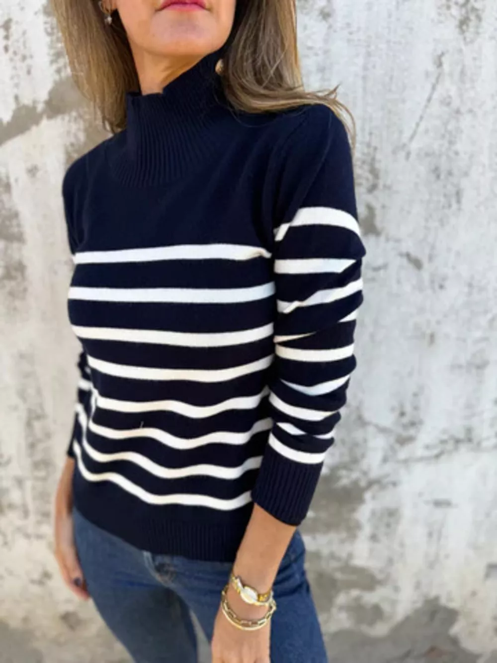 Full Size Striped Turtleneck Long Sleeve Sweater Plus Size, image 3