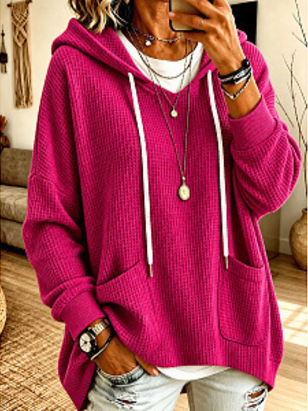 Full Size Waffle Knit Drawstring Long Sleeve Hoodie Plus Size, image 8