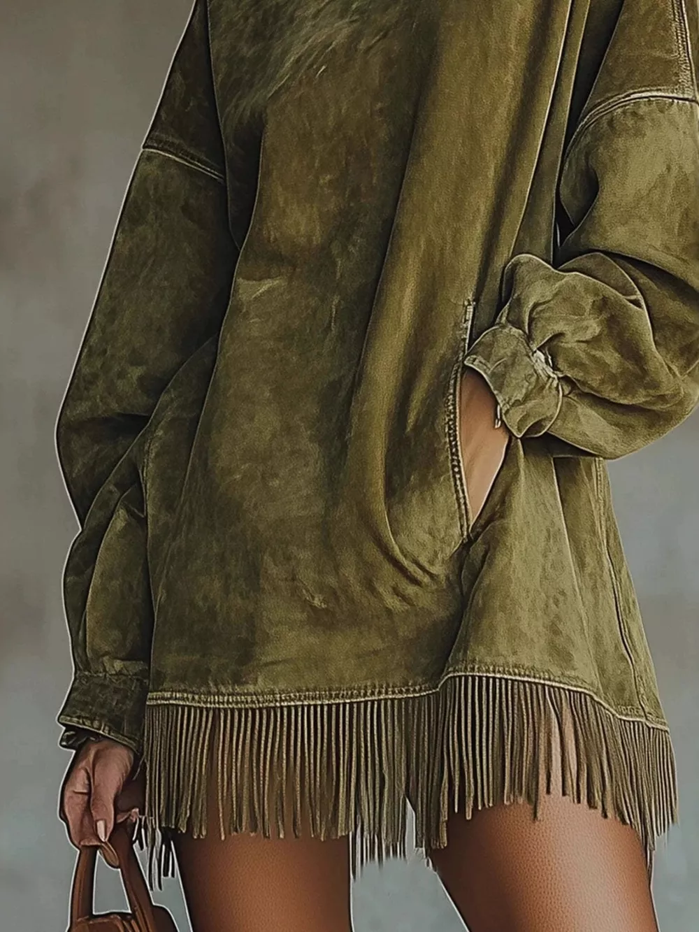 Full Size Mock Neck Fringed Hem Long Sleeve Mini Dress Plus Size, image 7