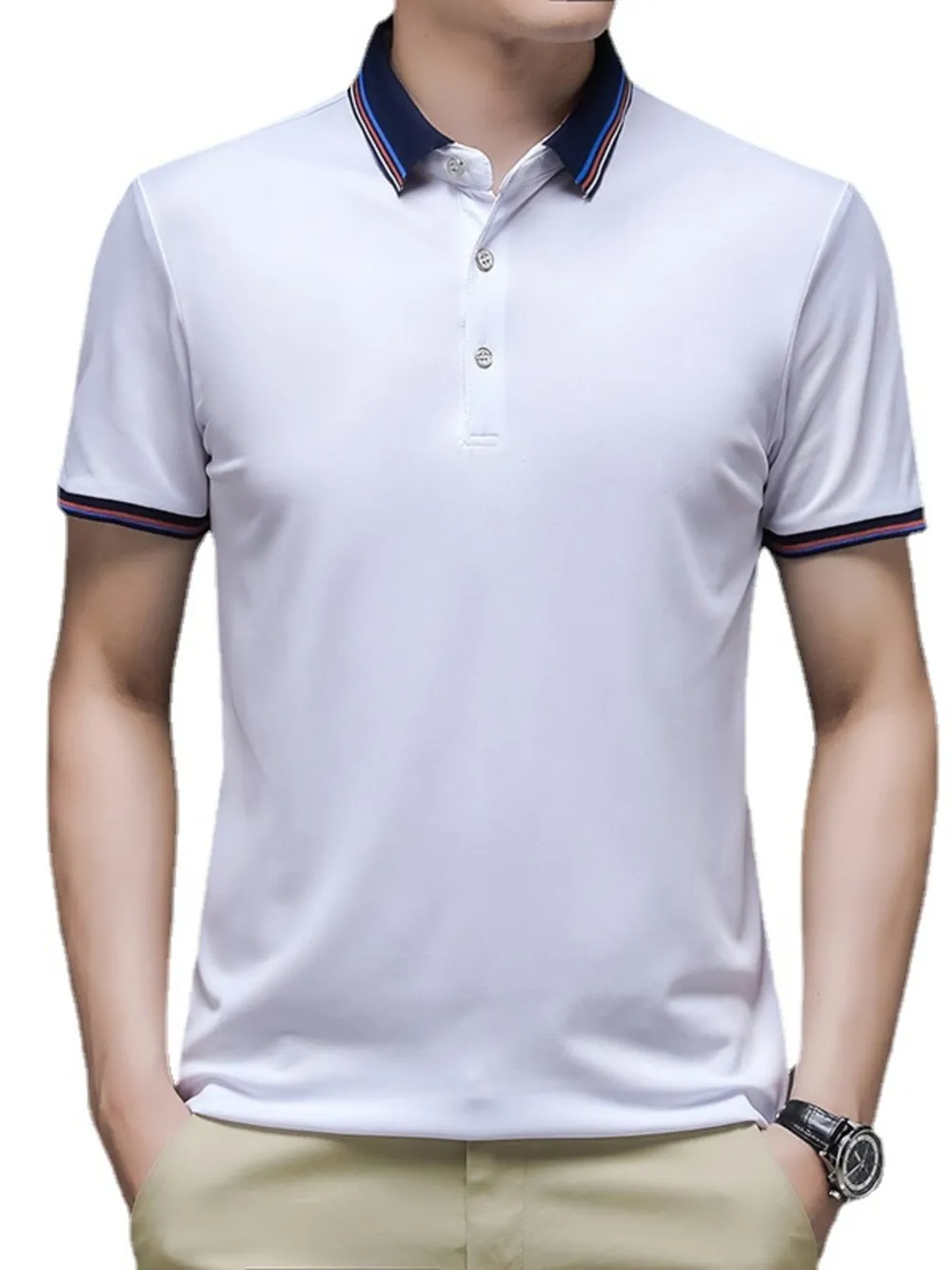 Men's Plus Size Contrast Striped Collar Short Sleeve Polo, image 3