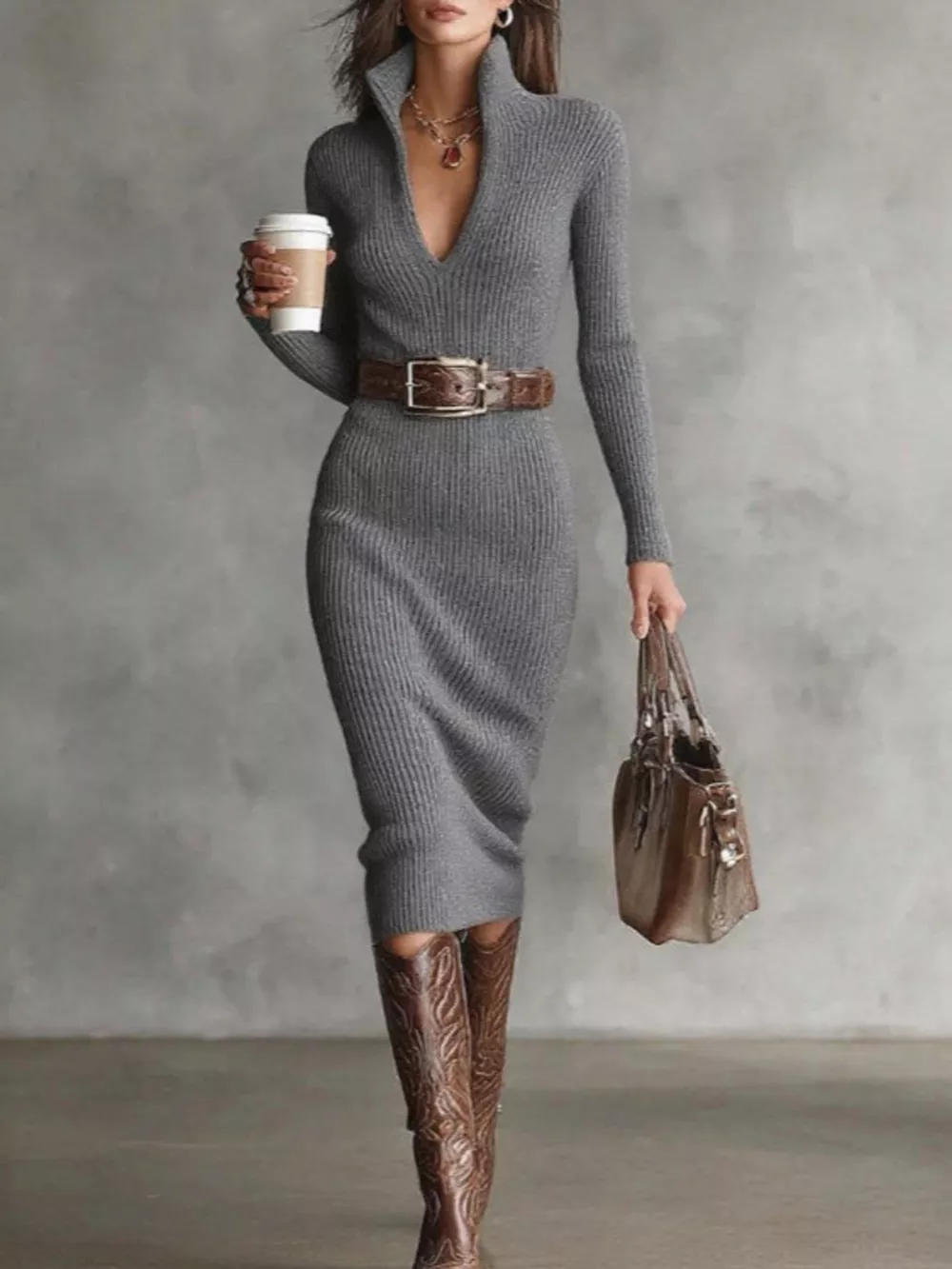 Ribbed Knit V-Neck Sweater Dress