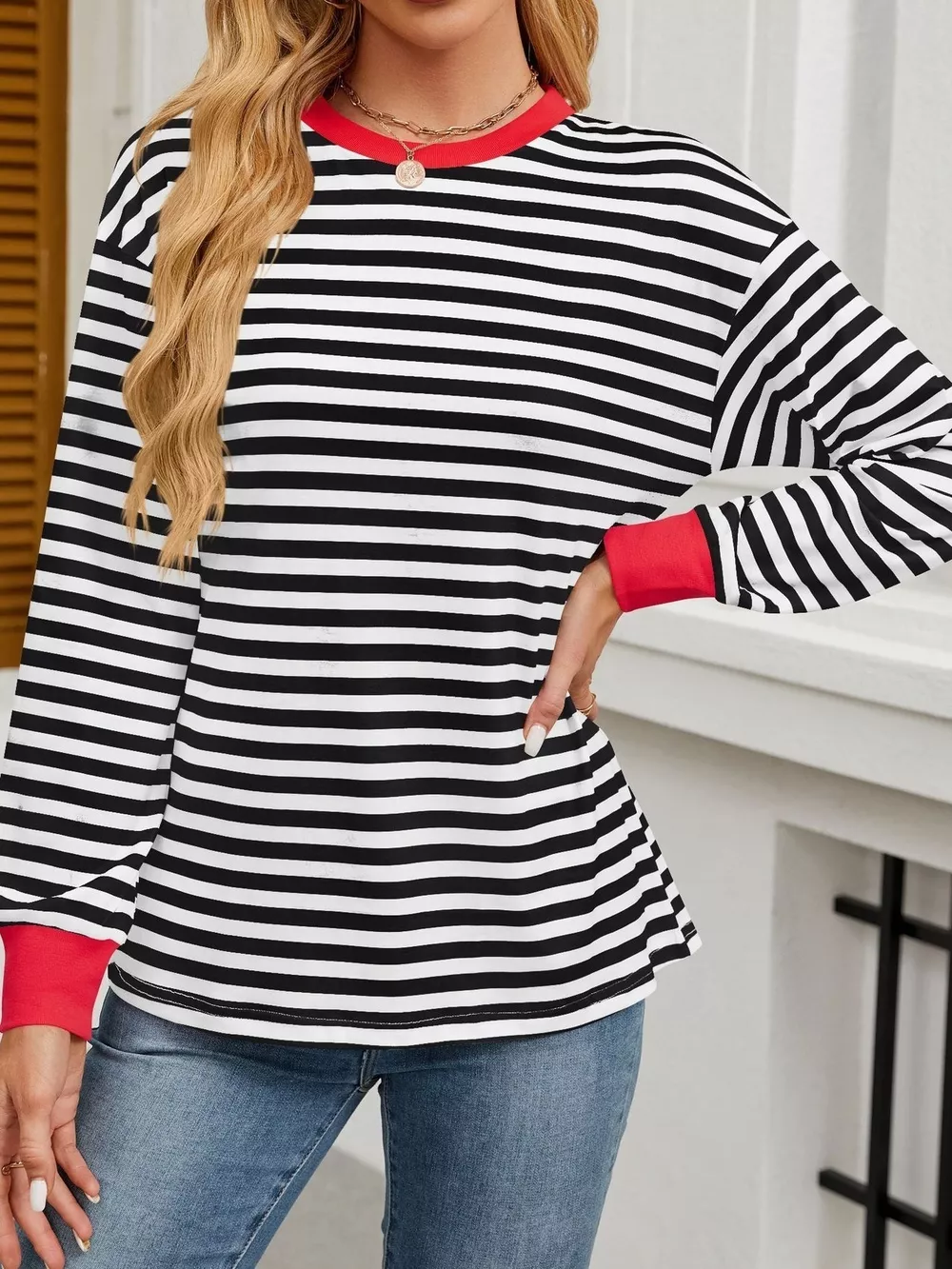Striped Round Neck Long Sleeve T-Shirt, image 17