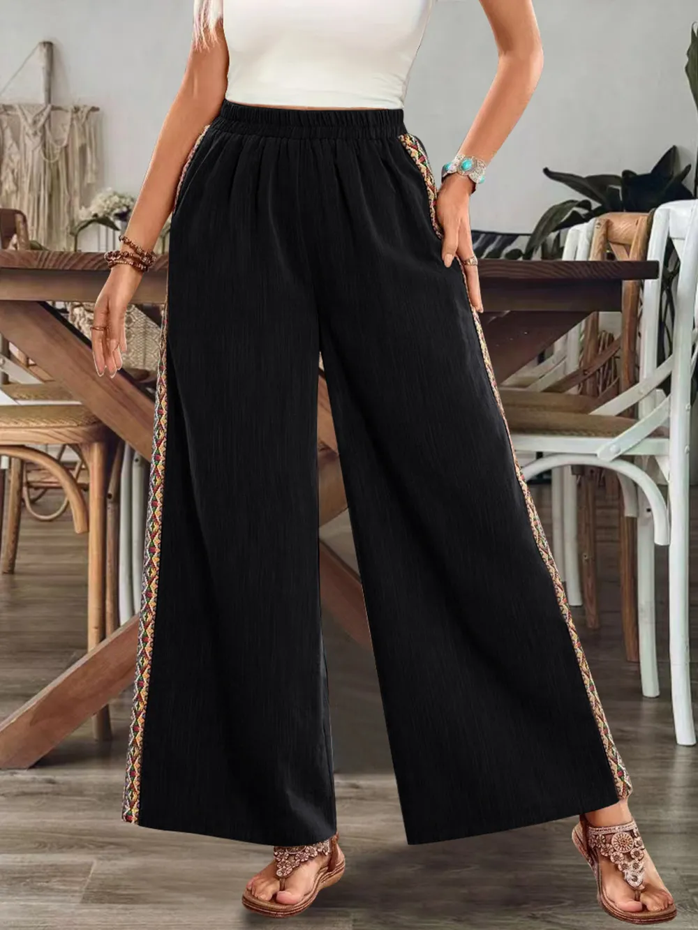 Bohemian Wide Leg Embroidered Side Stripe Pants, image 13