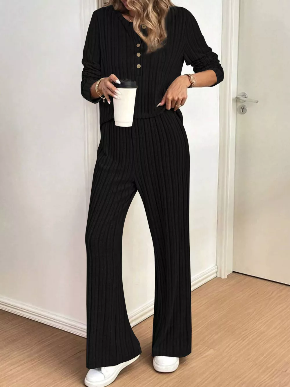 Plus Size Ribbed Knit Button-Front Top and Pants Set, image 2
