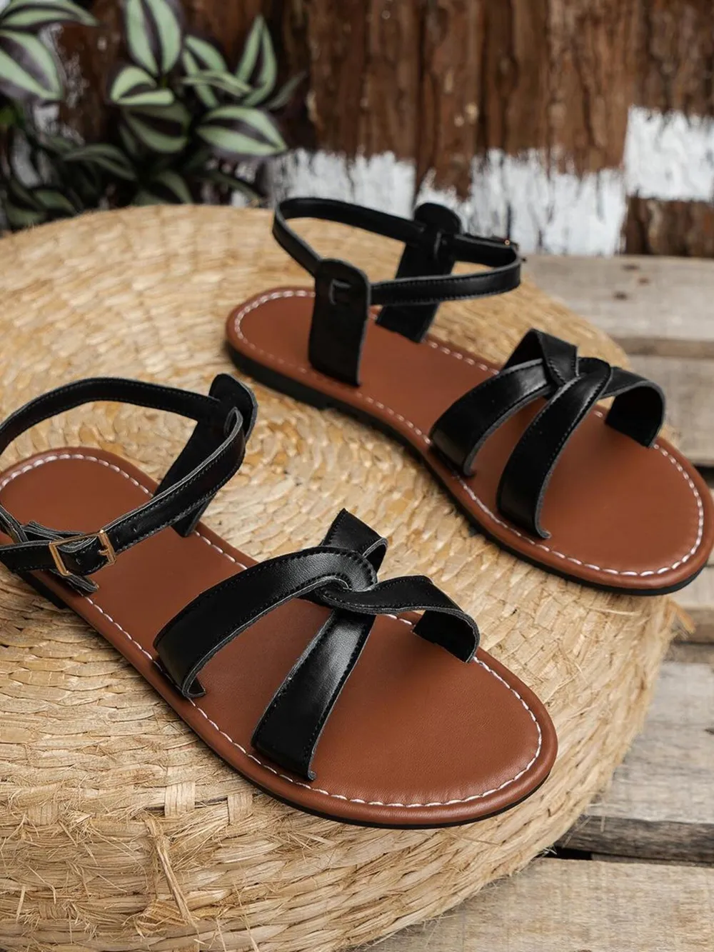 Strappy Flat Sandals with Ankle Buckle, image 2