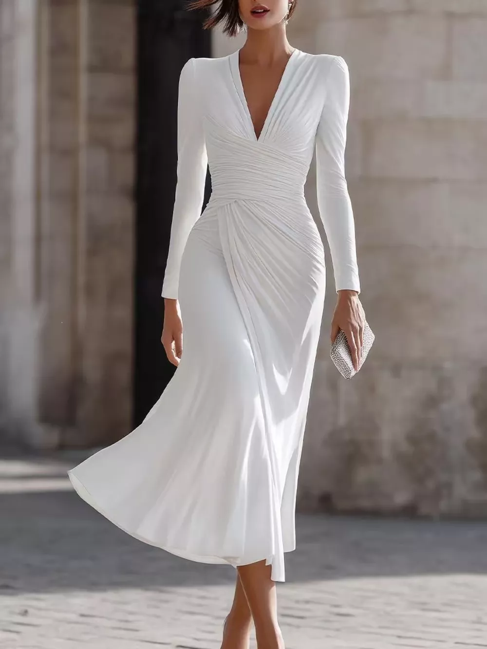 Full Size Ruched Long Sleeve Midi Dress Plus Size