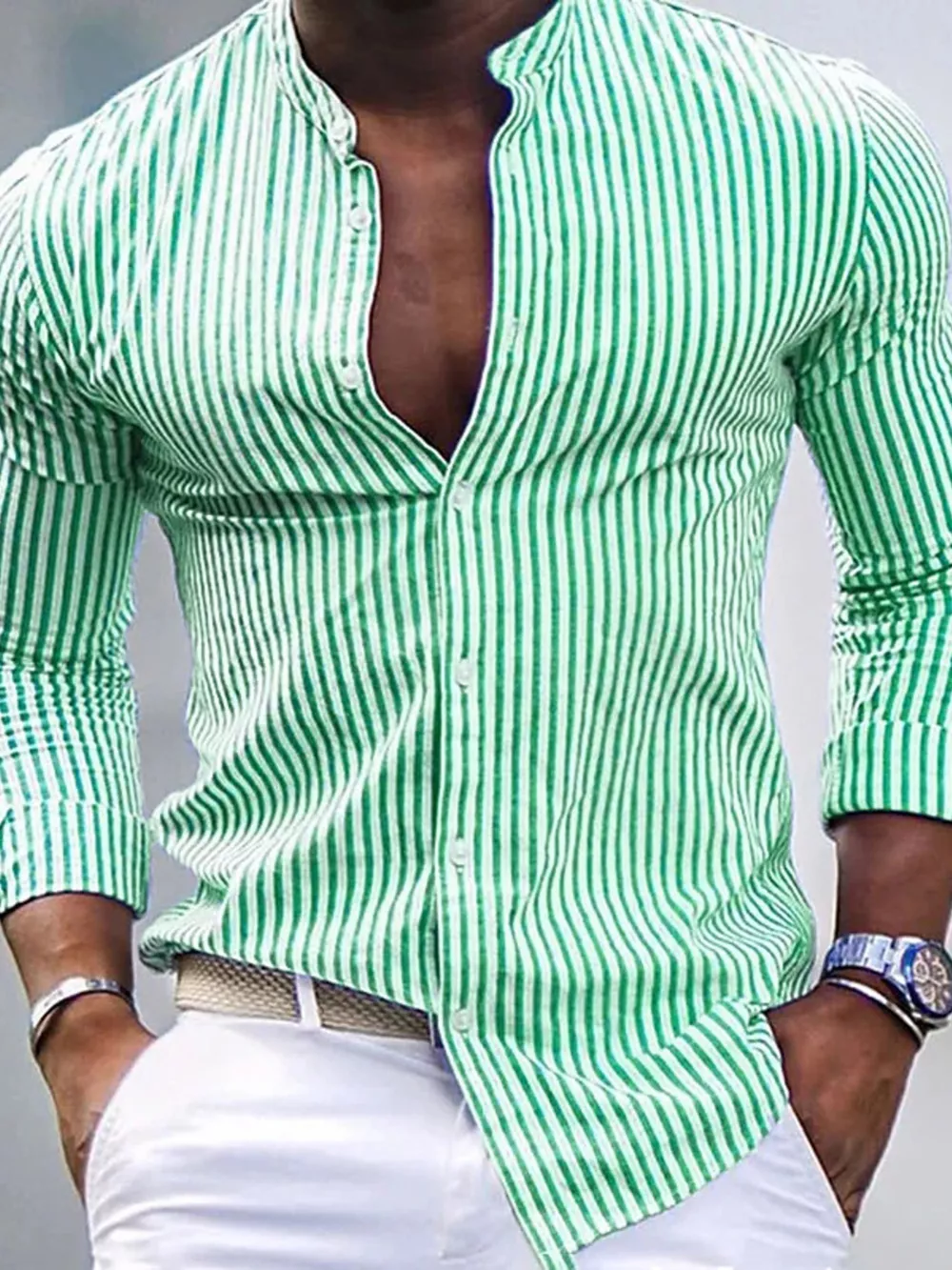 Men's Full Size Striped Button Up Slim Fit Shirt Plus Size, image 4