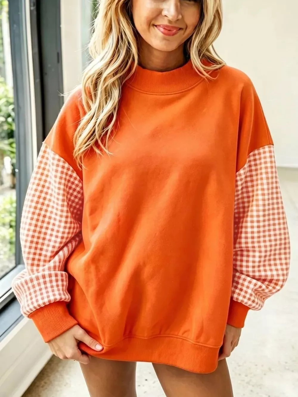 Gingham Sleeves Round Neck Sweatshirt, image 10