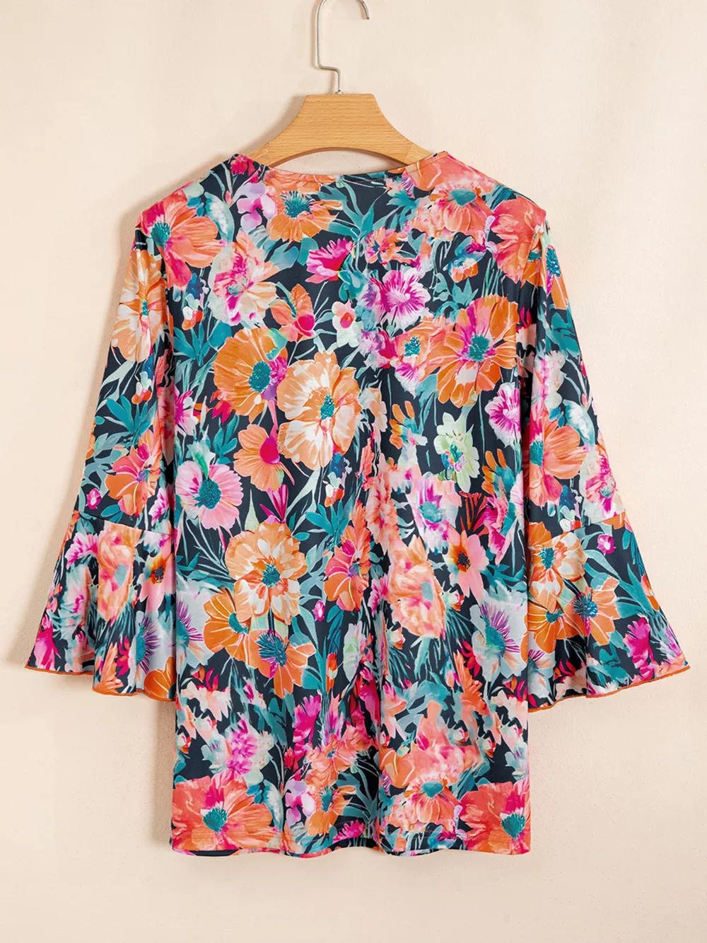 Floral 3/4 Flare Sleeve Tied Neck Blouse, image 7
