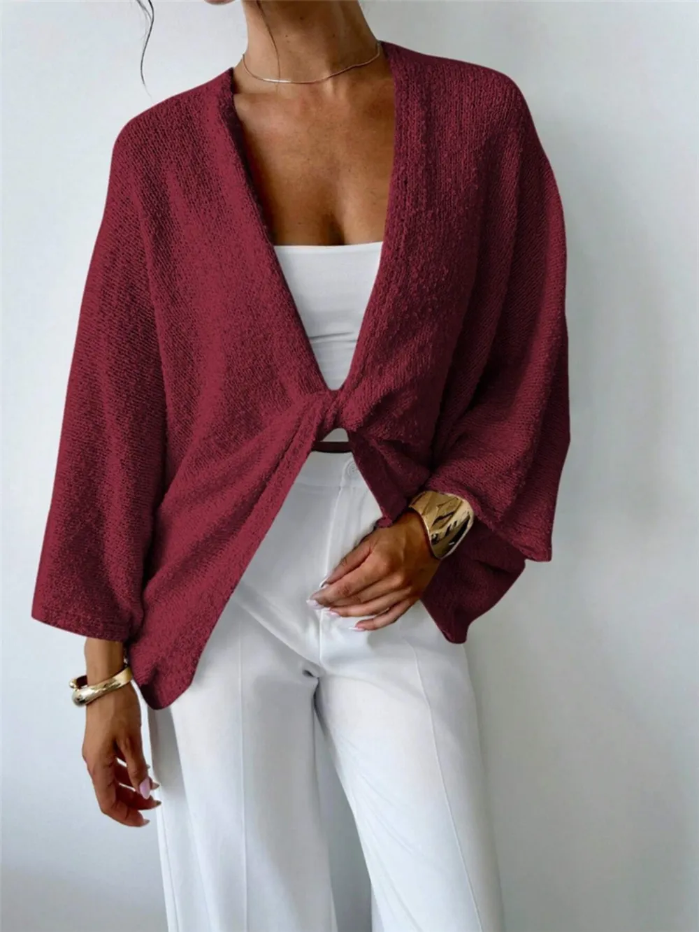 Twist-Front Textured Knit Cardigan