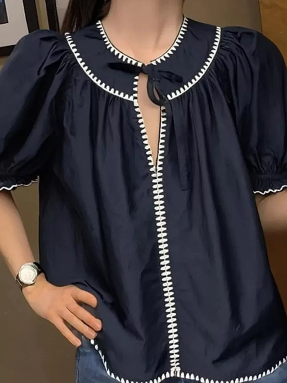 Full Size Tie Neck Short Sleeve Blouse Plus Size, image 4