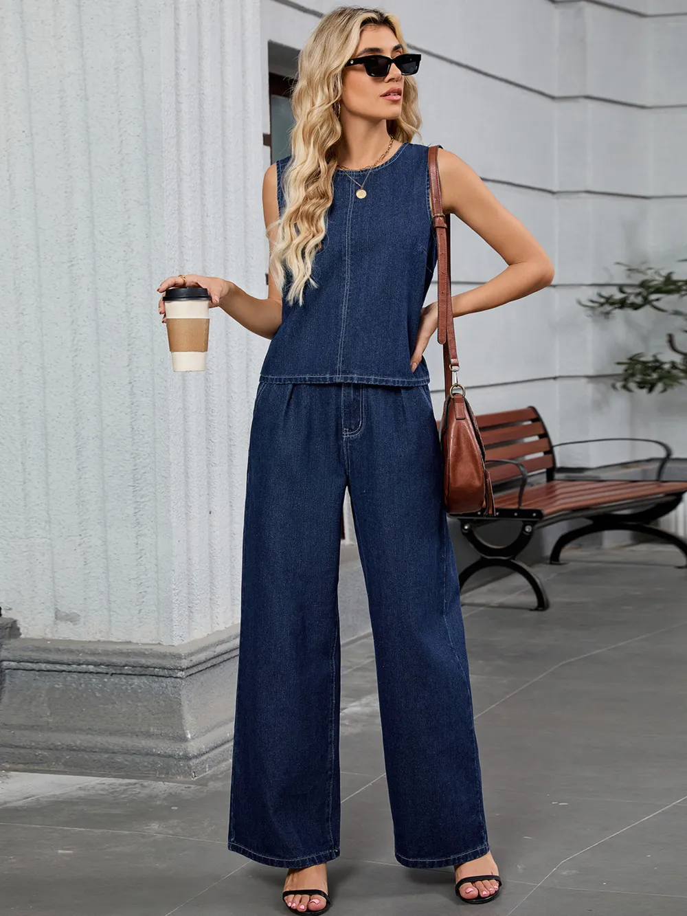 Round Neck Tank and Pants Denim Set, image 7