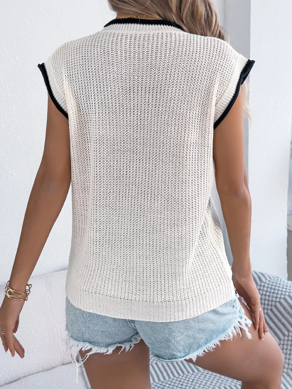 Contrast Trim Round Neck Cap Sleeve Sweater, image 6