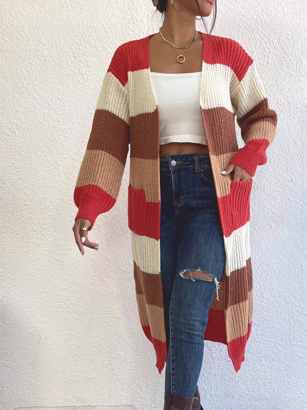 Striped Color Block Open Front Knit Cardigan, image 10